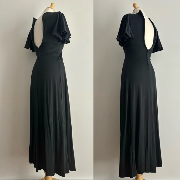 Vintage 70s Black Keyhole Flutter Sleeve Maxi Dress 38 - Picture 7 of 10